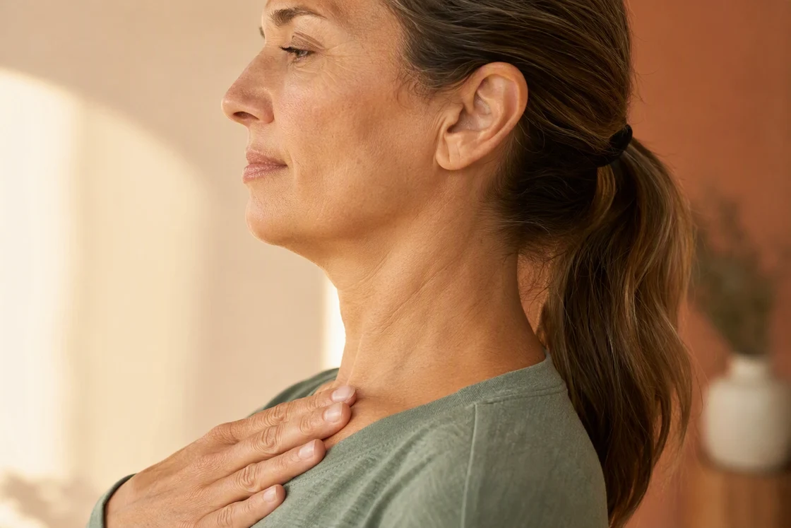 Profile view of a chin tuck posture exercise
