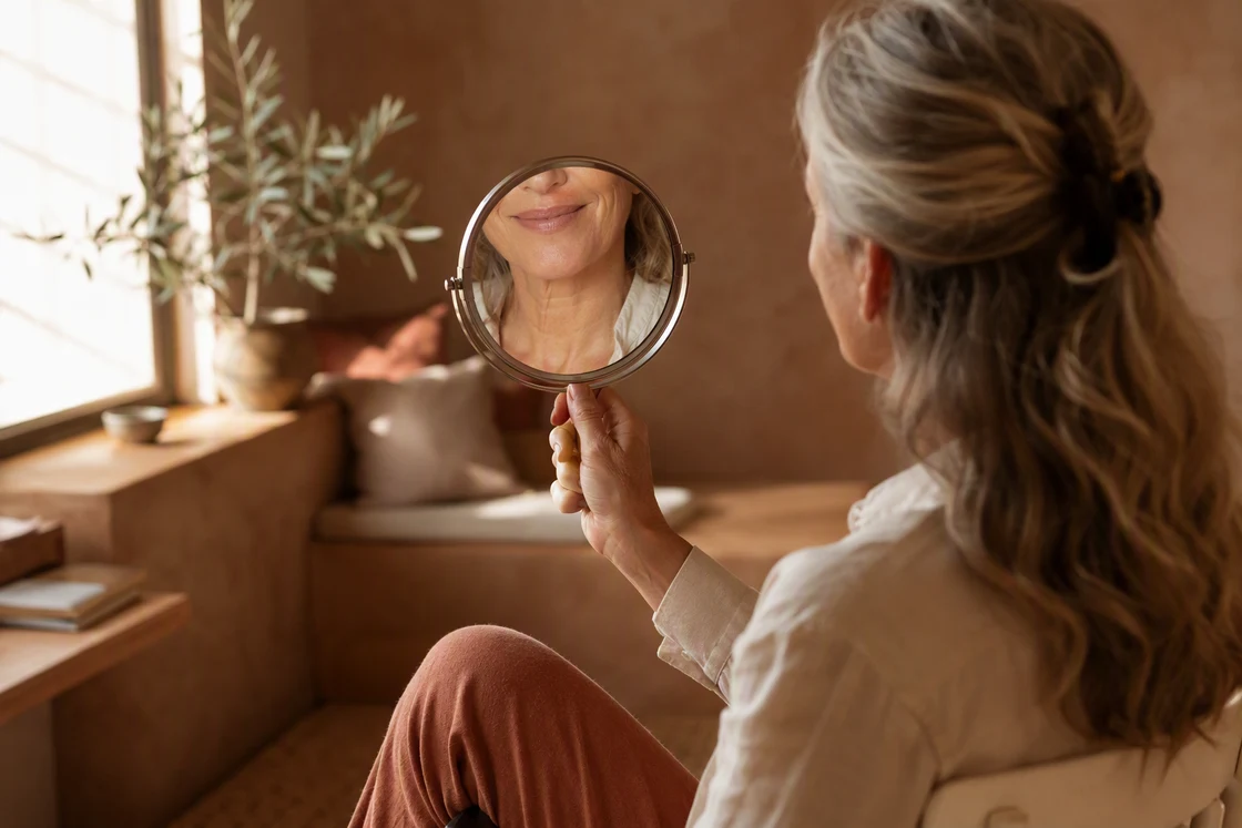 Woman smiling gently at her reflection in a hand mirror